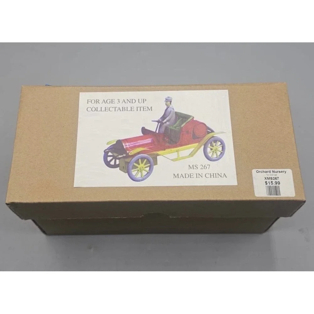 Vintage Style Tin Wind Up Car MS 267 Red Yellow Antique Automobile with Box Key